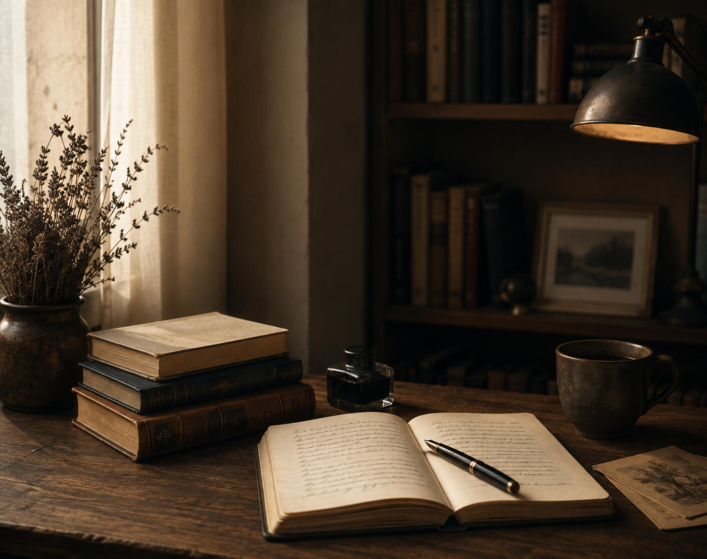 Scrivania di uno scrittore con quaderno aperto, libri e penna stilografica